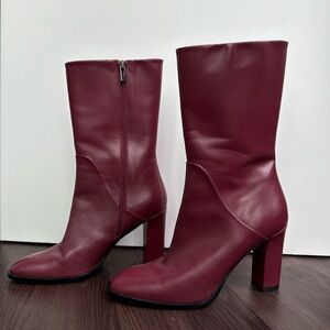 Via Spiga Mid Calf Heeled Boots - Genuine Leather - Sz 37 - Burgundy Cherry Red